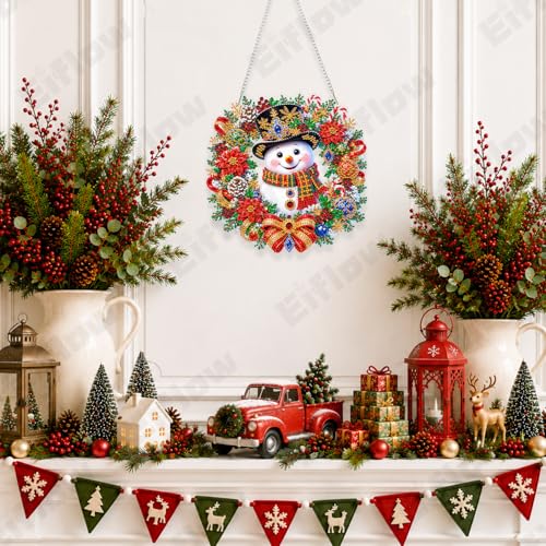 Eiflow Acrylic Christmas Diamond Art Hanging Kit for Adults Wreath, DIY Snowman Diamonds Painting Door Hanger Ornament Kit Wreath Crystal Diamond Art Painting Wall Window Hanging Pendant - color: Christmas Wreath-1