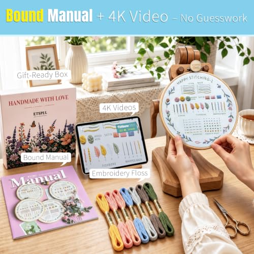 ETSPIL Beginner Embroidery Kit, 4K Video, 4 Floral Patterns, Gift Box - color: wreath 4