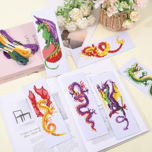 ORIGACH 6 Pcs Cross Stitch Bookmark Kit for Beginner Dragon Pattern Stamped Embroidery Stitch Kits for Starter DIY Bookmarks Printed Cross Stitch Kits with 13 Colors Embroidery Floss - style: Dragon