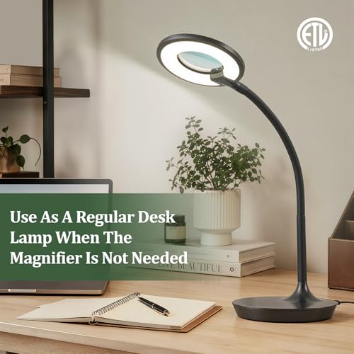 3X+6X Magnifying Glass with Light and Stand, Dimmable LED Magnifying Lamp - color: Black