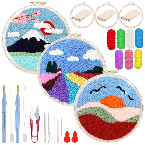 Woohome Punch Needle Kit Included Plastic Hoops, Punch Needle Cloth, Color Yarn and Punch Needle Tools for Adults, Beginners (Sunset and Flower Fields) - color: Color 26