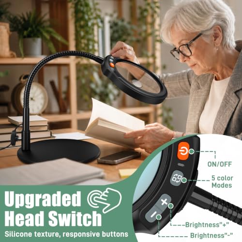 30X 10X Large Magnifying Glass with Light and Stand, 5-Inch Optical Grade HD Lens, 5 Color Modes Stepless Dimmable LED Desk Lamp, Hands Free Gooseneck Lighted Magnifier for Craft Painting Close Work - color: Black