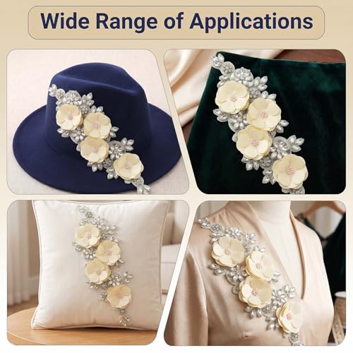 Handmade 3D Flower Embroidery Applique Rhinestone Lace Patches, Beige, 1 PC - color: Beige