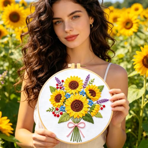 BEUNITONE 4pcs Embroidery Kit, Flower Stamped Embroidery Kits with Hoop, Thread & Needles, Colorful Bouquet Cross Stitch Kits Sewing Gifts for Adults and Beginners, DIY Craft for Relaxation - style: B-Bouquet
