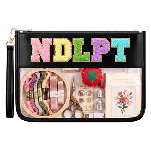 Klyyo Clyro Needlepoint Project Bag Clear Embroidery Sewing Bag Sewing Craft Organizer Storage Chenille Letter Zipper Pouch for Quilting Embroidery Knitting Stitching Cross Stitch Crochet(Black) - color: Black