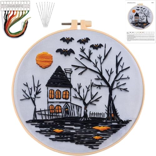 Halloween Embroidery Kits for Beginners, DIY Embroidery Kits for Adults - color: Black Haunted House