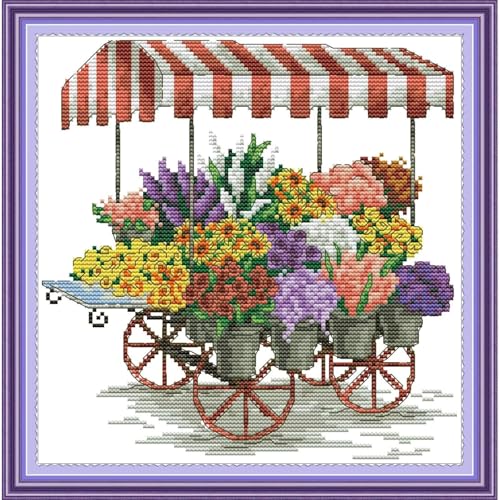 ITSTITCH Stamped Cross Stitch Kits- Full Set of Embroidery for Beginners or Adults,14 CT 2 Strands DIY Flower Car Patterns Counted Arts Craft 10.6×10.6 inch - color: Flower Car