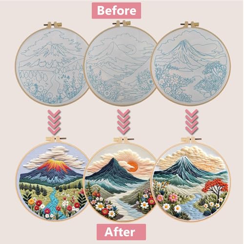 Embroidery Kit for Adults, Pre-Stamped Pattern Embroidery Kit for Beginners, DIY Hand Needlepoint Starter Kit with Hoop Thread Needle Instruction, 6.3'' Hoop (Nature Landscape 3 Packs) - style: Nature Landscape 3 Packs