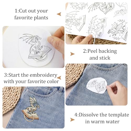 Water Soluble Stabilizer for Embroidery, 4 Sheet 60 Pcs Dragon Stick and Stitch Embroidery Papers Wash Away, Books Transfer Paper DIY Crafts Gifts for Hand Sewing Lovers Beginners - size: Dragon Book