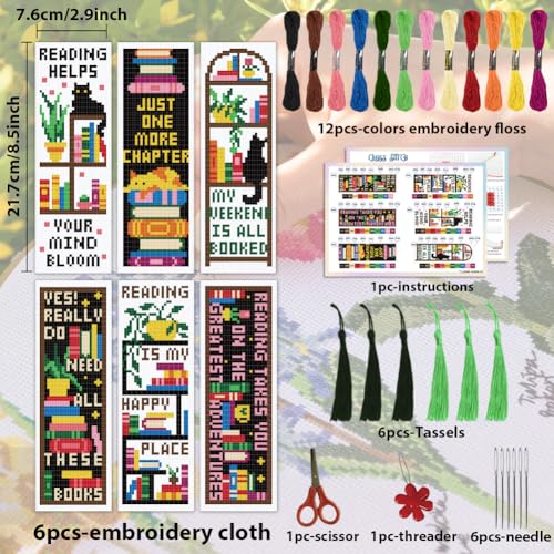 ACRNIGHEET 6PCS Cross Stitch Bookmark Kit for Beginner Stamped Cross Stitch Kits for Adults Bookshelves DIY Tassel Embroidery Bookmark Kits Needlepoint Kit with Instructions Craft Gift 8.5''x3'' 11CT - style: Words and bookshelf patterns 2