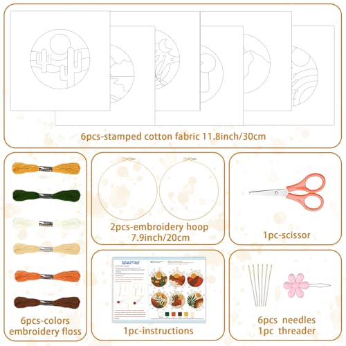 BEUNITONE 6 Set Bohemian Starter Embroidery Kit with Pre-Stamped Pattern - style: Bohemia