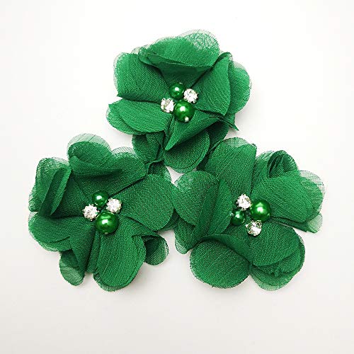Chenkou Craft Pac.k of 12pcs Chiffon Flowers Ribbon Bows W/Beads 2-3/8" (60mm) Appliques Wedding Decor Bulk Lots (Bright Green) - color: Bright Green