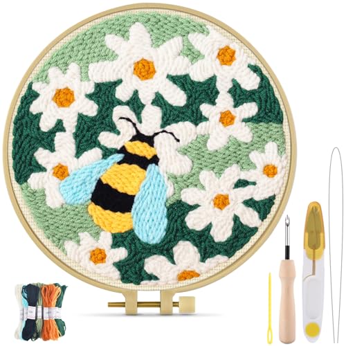 TINDTOP Punch Needle Kits, DIY Punch Embroidery Kits for Adults Beginner, Tool with Punch Needle Fabric, Hoops, Yarns and Sewing Needles (Set D) - color: Set D