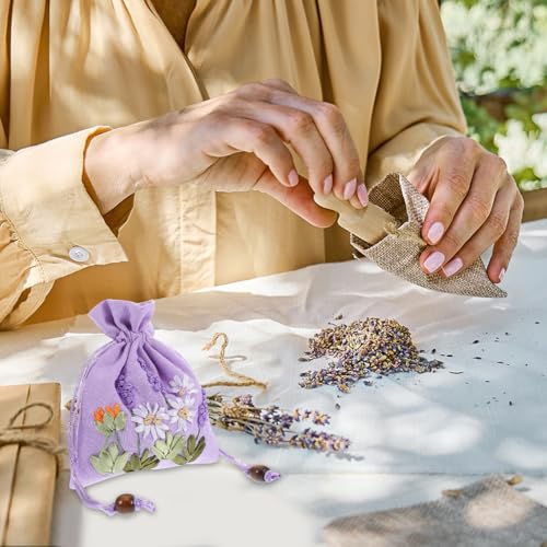 Hoement 4Pcs Embroidered Lavender Sachet Bags Small Drawstring Linen Brocade Pouches for Jewelry Storage Wedding Favor and Fragrance Packaging