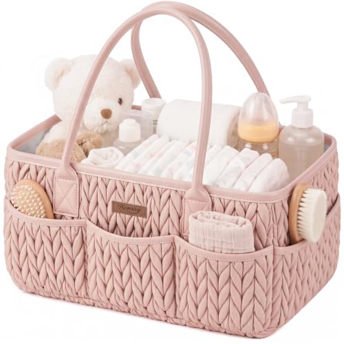 Konssy Baby Diaper Caddy Organizer, Braided Quilted Design with PU Handles - color: Blush