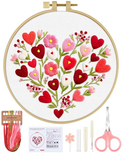 ERKOON Embroidery Kit for Beginners Adult, Flower Cross Stitch Set Include Embroidery Cloth Hoops Threads for Craft Lover Hand Stitch with Embroidery Skill Techniques (Heart) - color: Heart