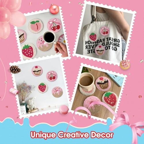 yuegool 6PCS Punch Needle Coaster Kit,Easy DIY Embroidery Set for Beginners, Kids & Adults with Patterns, Tools, Yarns, Hoop, Instructions & Coaster Holder - color: sugar bloom, size: 4-inch diameter