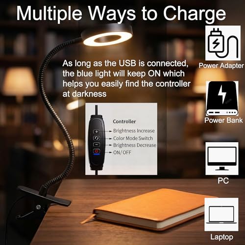 Reading lamp with Clamp, 3 Color Modes & 10 Brightness (Black)