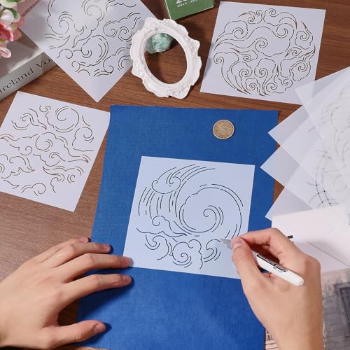 FREEBLOSS 8pcs Sashiko Stencils Plastic Sashiko Template Square Surf Embroidery Patterns Drawing Line Templates for Sewing Hand Quilting 5.5"/8.7"