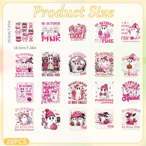 20 Pcs Halloween Breast Cancer Awareness Iron on Transfers for T Shirts - color: Pink Ghost