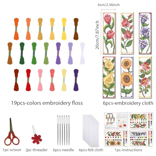FREEBLOSS 6 Set Cross Stitch Bookmark Kits 11CT 8"x2.4" 6 Flowers Design - style: Common Flowers