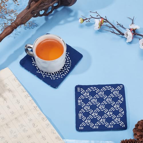 4 Set Sashiko Embroidery Coasters Kit Wave Theme Japanese Traditional Embroidery Sewing Kit for Beginners Starter Embroidery Coasters for Housewarming Gift with Instructions - style: Wave Sashiko Coaster