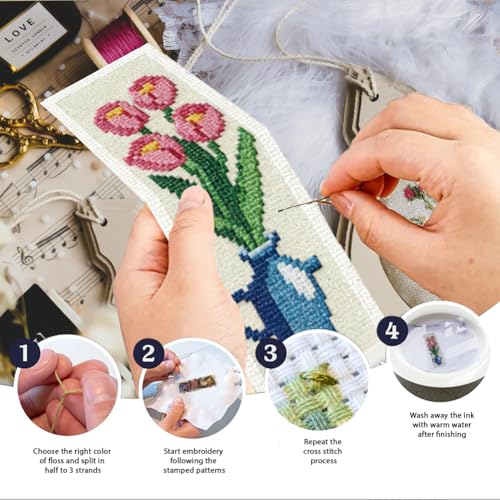 INFUNLY 6PCS Cross Stitch Bookmark Kit for Adults Flower Vase Stamped Embroidery Bookmark Kit with Backing Felt Floss Instruction for Book Lovers Readers - style: Vases