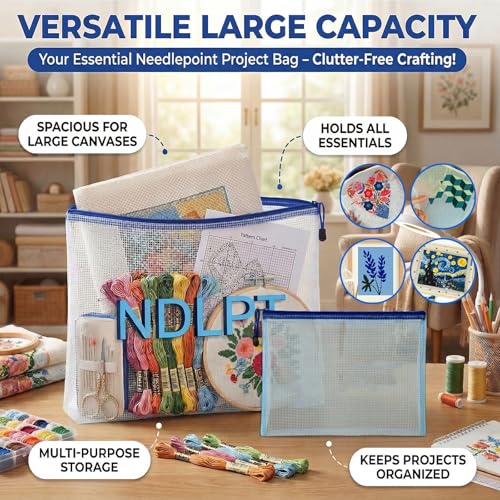 Sabary 2 Pcs Needlepoint Project Bag Clear Mesh Zipper Organizer, Blue - color: Blue