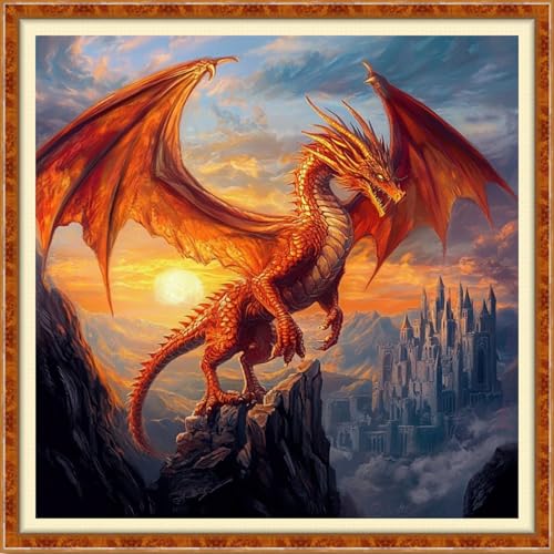 Funchey Counted Cross Stitch Kits for Adults Needlepoint Kits Unprinted Cross Stitching Embroidery Kit 11CT Cross Stitch Supplies- Dragon Castle 18x18 inch - color: Artcolor17
