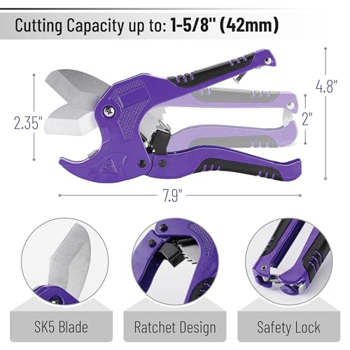 Bates- PVC Pipe Cutter, Cuts up to 1-5/8", Ratchet Pipe Cutter, PEX Cutting Tool for Cutting PEX, PVC, PPR Plastic Hoses and Plumbing Pipes, Purple - color: Purple