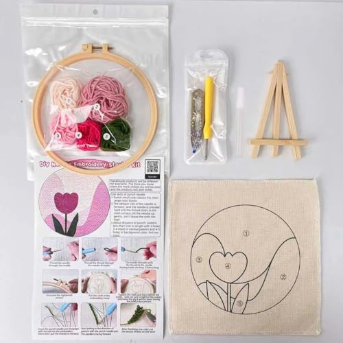 CELCRAFTIQUE Punch Needle Kits for Adults Beginner, Tool with Punch Needle Fabric, Hoops, Yarns and Sewing Needles (Blush Tulip) - color: Blush Tulip