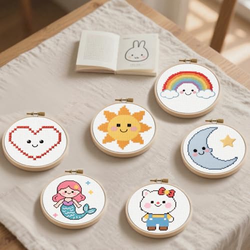 57lilina Cross Stitch Kits for Kids, 6 Set Easy Beginner Embroidery Pattern - color: Heart+ Sun+ Mermaid+ Cat+ Rainbow+ Moon