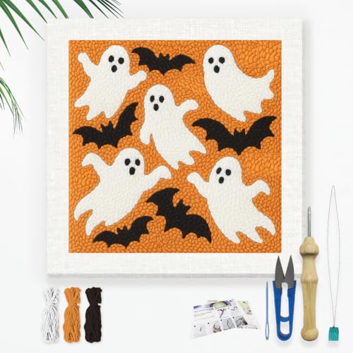 DOODLREAM Halloween Ghosts DIY Punch Needle Embroidery Kit for Adult Beginner, 9.4" Bat Punch Stitching Craft Set for Starter with Frame, Fabric Pattern, Threader, Yarn, Pinch Needle - color: Halloween Ghosts