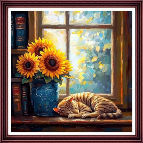 Funchey Counted Cross Stitch Kits for Adults Needlepoint Kits Unprinted Cross Stitching Embroidery Kit 11CT Cross Stitch Supplies-Window sill Sunflower cat 18x18 inch - color: ArtsKits12