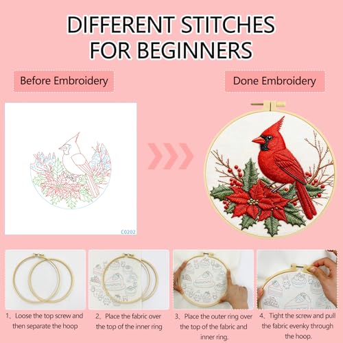 Zhenqing Cardinal Embroidery Kit for Beginners, Red Bird & Holly Needlework Craft with Pre-Printed Cotton Fabric, Hoop, Threads & Tools, Winter Holiday Decor (C0202) - color: Cardinal