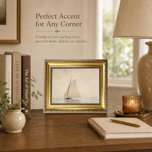 Gold Framed White Sailboat Seascape Wall Art Vintage Coastal Canvas Prints - color: Sailboat Gold Framed, size: 11"L x 9"W
