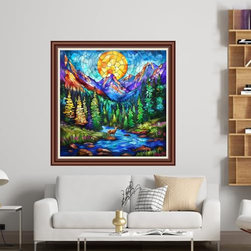 Dimensean Counted Cross Stitch Kit for Beginners, 11CT Unprinted Cross-Stitch Kit Easy Patterns Needlepoint Kit Cross Stitching Embroidery Kit Supplies-Sunrise, Mountains, Rivers, elk 18x18 inch - color: DIYColor19
