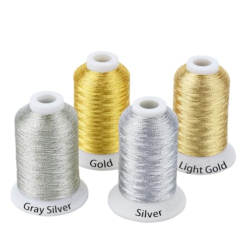Simthread 4 Spools (2 Gold+ 2 Silver Colors) Metallic Embroidery Machine Thread 500M(550Y) for Embroidery and Decorative Sewing - color: 2Gold+2Silver