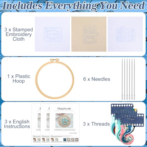 Mindsoft 3 Set Needlepoint Kit for Beginners with Hoop,Sardine - style: Sardine