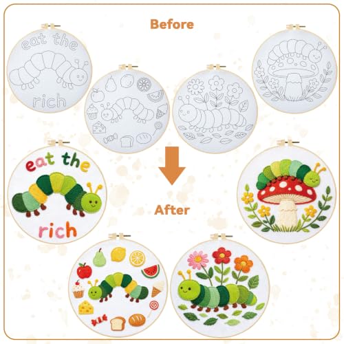 BEUNITONE 4 Set Embroidery Kits for Beginners with Easy Caterpillar Pattern, DIY Craft Kits Include Instructions and 2 Embroidery Hoops, Cross Stitch Needlepoint Kits for Craft Lover and Home Decor - style: A-Caterpillar