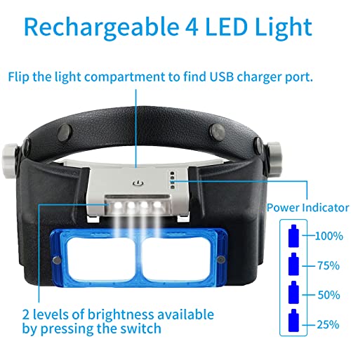 Headband Magnifier with Light，Rechargeable，Glasses for Close Work, 4 Lenses - color: 1.5x-3.5x - Optical Glass & Led Light