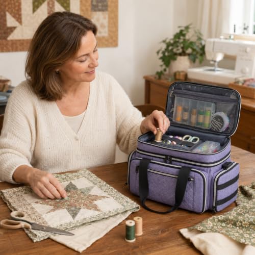 Lyhaxon Sewing Organizer Storage Bag, Double Layer Sewing Box Case - color: Purple