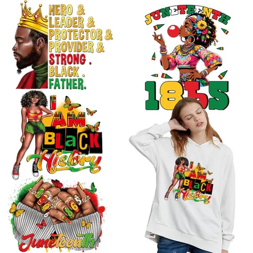 Juneteenth Iron on Transfer Patches 4 Sheets Juneteenth Washable Heat Transfer Vinyl Decals Black History Month Iron on Stickers 1865 Black Men Pattern Heat Press Decals for Clothes T-Shirt Hoodies - color: Juneteenth A