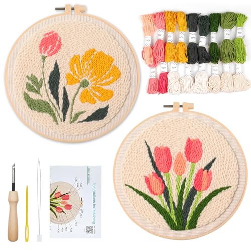 BATHRINS 2PCS Embroidery Punch Needle Kit Beginners Cross Stitch Kits Creative Easy Floral Pattern Hand Crafts with Hoop,Needle,Threads Mothers Day Gifts Crafts & Home Decor