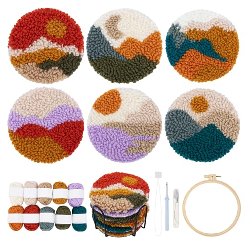 Temlum 6pcs Punch Needle Coasters Kit for Adults and Beginners(Landscape) - color: Landscape