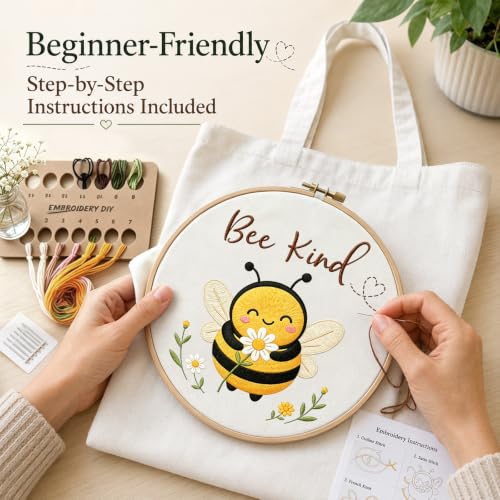 Nuberlic Bee Embroidery Tote Bag Kit for Beginners Stamped Embroidery - color: Bee