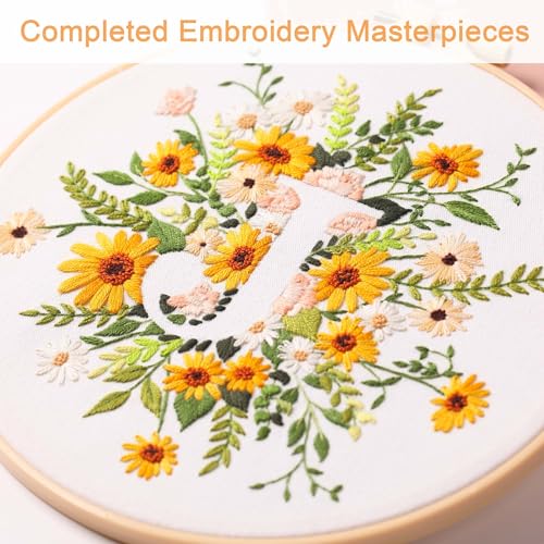 Harimau Letter J Pattern Embroidery Kit for Adult Beginners, Complete Starter Pack with 1 Hoop, Needles, Instruction Guide & Embroidery Stitch Video Tutorials - color: J
