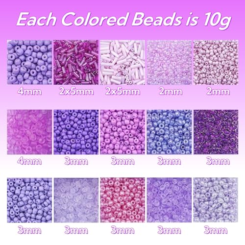 15 Color Glass Seed Tube Bugle Beads Bracelet Jewelry Making Kit,Purple - color: light purple