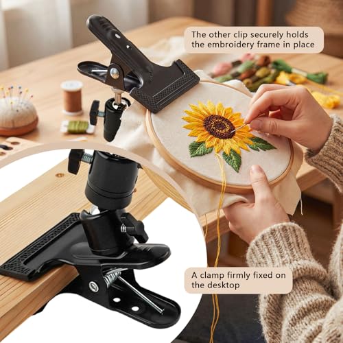 2-in-1 Embroidery Hoop Stand, 360° Rotatable Adjustable Metal Desktop Holder with Clamp, Hands-Free Cross Stitch and Needlepoint Stand for Most Hoops