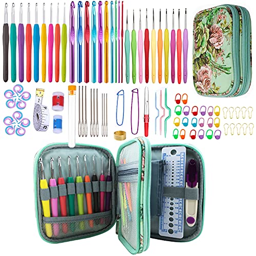 Mdoker 100pcs Crochet Hooks Set in Case Ergonomic Soft Grip Handles Weave Yarn Knitting Needles Kit and Crochet Needle Accessories Crochet Kit Complete Set for Beginners and Experienced Lover - color: Green